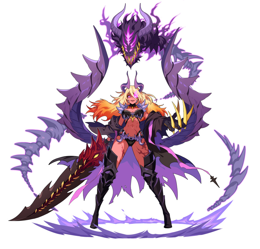 1girl absurdres armored_boots blonde_hair boots breasts cape claws dark_magician_beth demon_girl flaming_eye full_body grin guardian_tales highres holding holding_sword holding_weapon long_hair looking_at_viewer medium_breasts navel official_art scar scar_on_leg smile solo standing sword tan toned transparent_background weapon