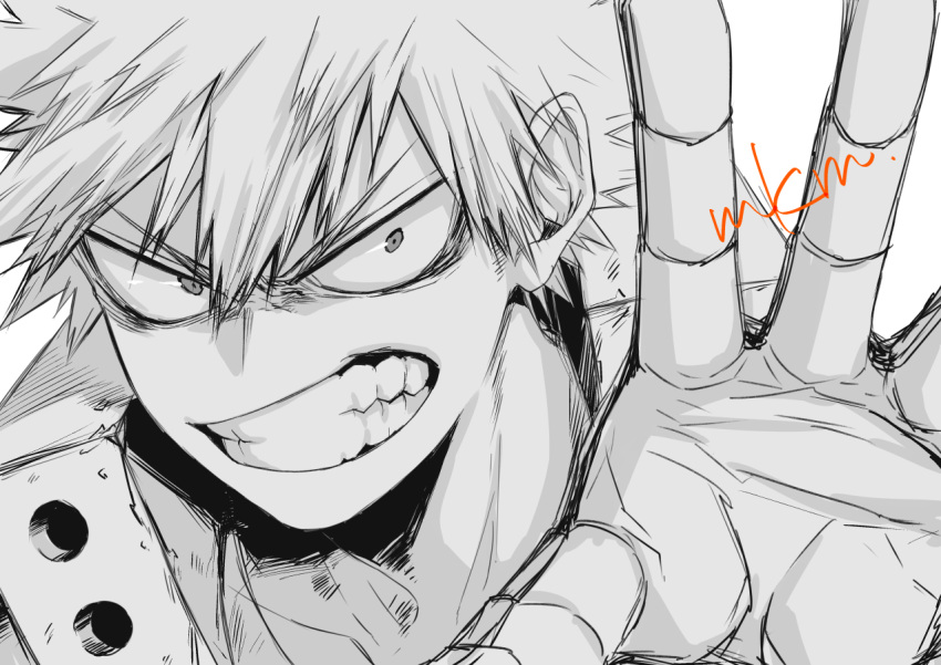 1boy angry bakugou_katsuki boku_no_hero_academia clenched_teeth greyscale male_focus mkm_(mkm_storage) monochrome reaching_out signature simple_background sketch solo spiky_hair spot_color teeth v-shaped_eyebrows white_background
