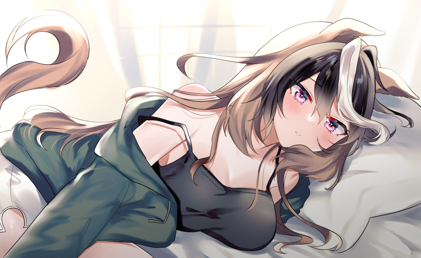 1girl absurdres alternate_costume animal_ears bare_shoulders black_camisole blush brown_hair camisole casual curtains eyebrows_visible_through_hair green_jacket highres horse_ears horse_girl horse_tail jacket long_hair multicolored_hair narusawa_(njzc2582) on_bed open_clothes open_jacket pillow shorts solo strap_slip symboli_rudolf_(umamusume) tail umamusume violet_eyes white_hair window