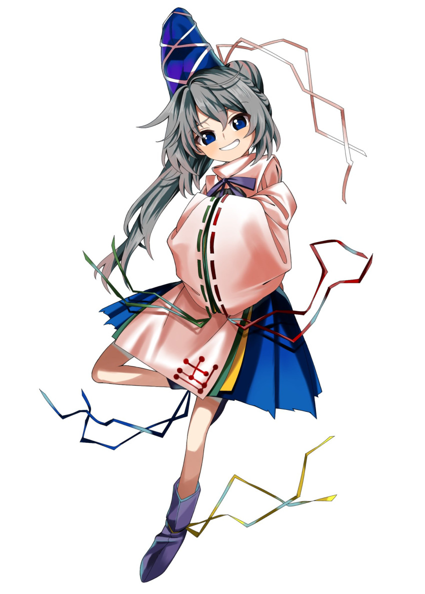 1girl ankle_boots bare_legs blue_eyes blue_headwear blue_ribbon blue_skirt boots eyebrows_visible_through_hair furrowed_brow green_ribbon grey_hair hair_between_eyes hands_in_opposite_sleeves hat hat_ribbon highres japanese_clothes kariginu keiki8296 layered_clothing layered_sleeves long_hair looking_at_viewer mononobe_no_futo pom_pom_(clothes) ponytail purple_ribbon red_ribbon ribbon skirt tate_eboshi touhou white_background white_ribbon yellow_ribbon