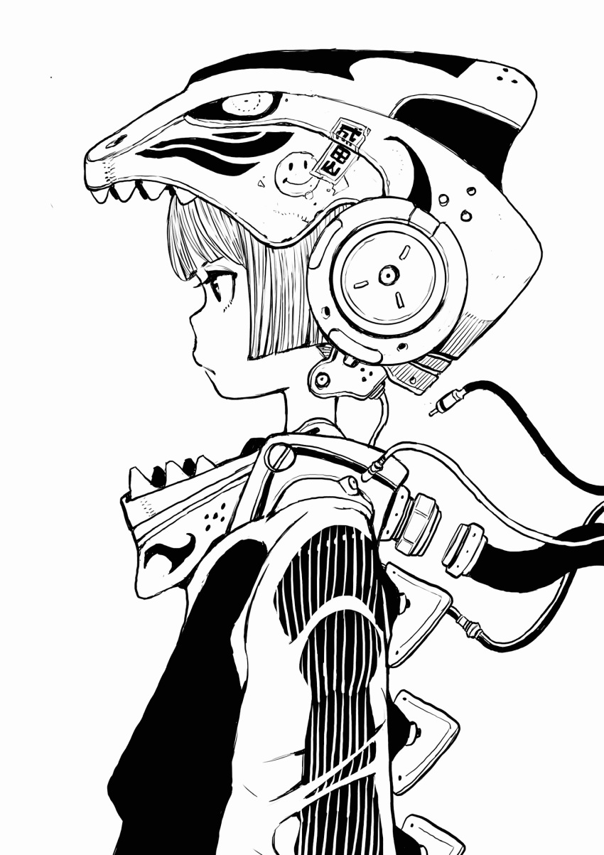 1girl acky_bright bangs helmet highres jacket kanji long_sleeves mecha mecha_musume monochrome original plug profile short_hair smiley_face solo teeth tube white_background wire wiring