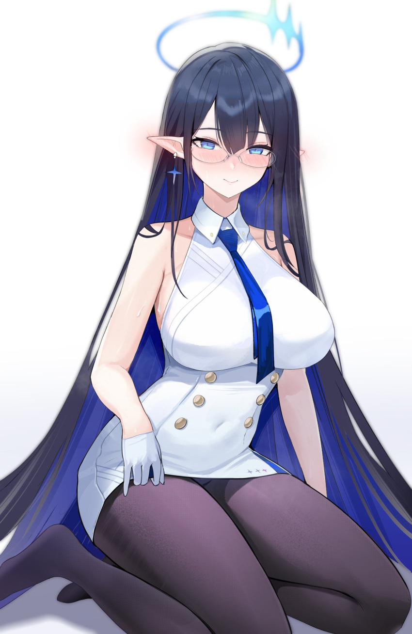 1girl absurdres bare_shoulders black_hair black_legwear blue_archive blue_eyes blue_hair blue_necktie blush chabenmus collared_shirt colored_inner_hair earrings glasses gloves halo highres jewelry looking_at_viewer multicolored_hair necktie pantyhose pointy_ears rin_(blue_archive) shirt sitting solo star_(symbol) star_earrings white_gloves