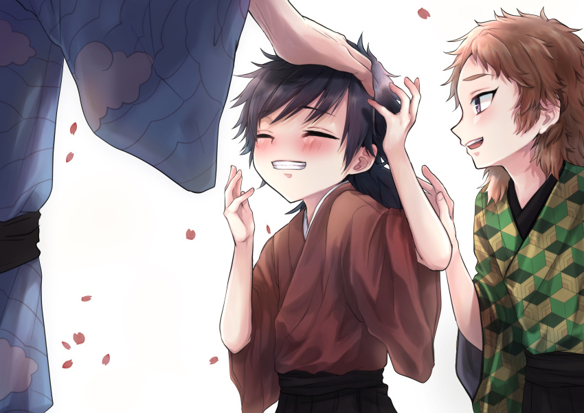 3boys ^_^ absurdres bangs blue_kimono blush brown_hair child closed_eyes facing_another green_kimono grin hakama hand_on_another's_head hands_up happy headpat highres japanese_clothes kimetsu_no_yaiba kimono long_hair long_sleeves looking_at_another looking_to_the_side maco_(crea-0328) multiple_boys out_of_frame profile red_kimono sabito_(kimetsu) short_hair simple_background smile tomioka_giyuu upper_body urokodaki_sakonji white_background wide_sleeves younger
