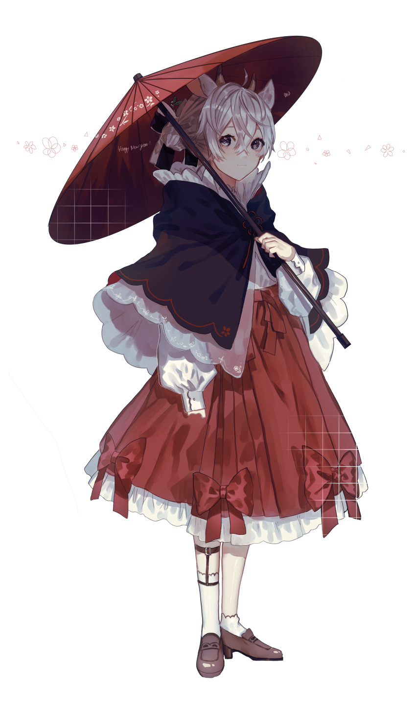 1girl absurdres animal_ears asymmetrical_legwear bangs black_cloak bow brown_footwear cloak closed_mouth commentary_request cow_ears full_body grey_eyes hair_between_eyes hair_bun happy_new_year highres holding holding_umbrella horns iwai_ku_tsuki light_smile looking_at_viewer oil-paper_umbrella original red_bow red_skirt red_umbrella simple_background skirt socks solo umbrella white_background white_hair white_legwear