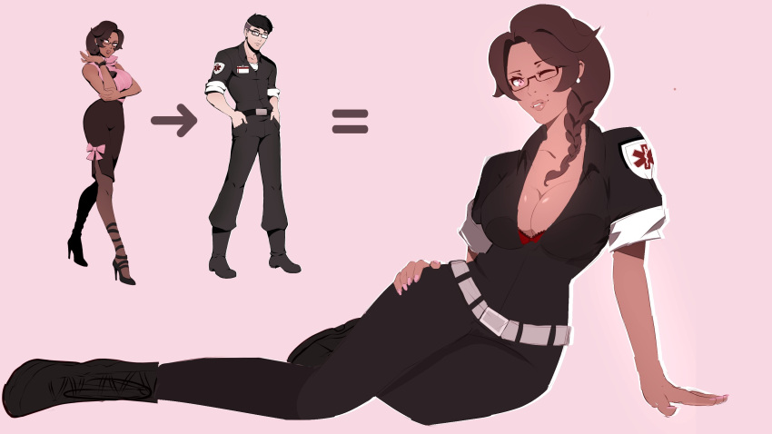 1boy 1girl akabaka belt black_belt black_eyebrows black_glasses black_hair black_heels black_high_heels black_skirt black_tights black_trousers bow breasts brown_hair chromatose cleavage collared_shirt cosplay dress_shirt earrings eyebrows eyebrows_visible_through_hair face female_focus fingers fingers_together full_body fully_clothed glasses hair hand_on_floor hands_in_pockets heels high_heels lace-trimmed_bra lace-trimmed_lingerie large_breasts legs legs_apart leroy lips medium_hair pink_background pink_bow pink_nails pink_sweater red_bra red_lingerie sheer shiny_glasses shirt shirt_collar_down shoes short_hair silver_belt skirt sweater teeth thighs tights trousers undershirt uniform white_earring white_undershirt winking