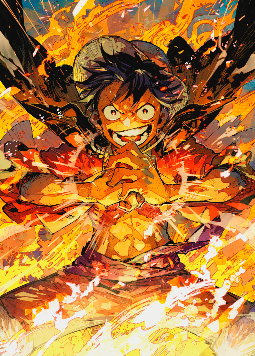 1boy abs absurdres artist_request attack black_hair burning clenched_hands commentary_request crazy_eyes crazy_smile energy fantasy fire flame glowing hat highres looking_at_viewer magic male_focus midriff_peek monkey_d._luffy official_art one_piece open_mouth pants red_eyes solo_focus spread_legs straight-on straw_hat teeth wide-eyed