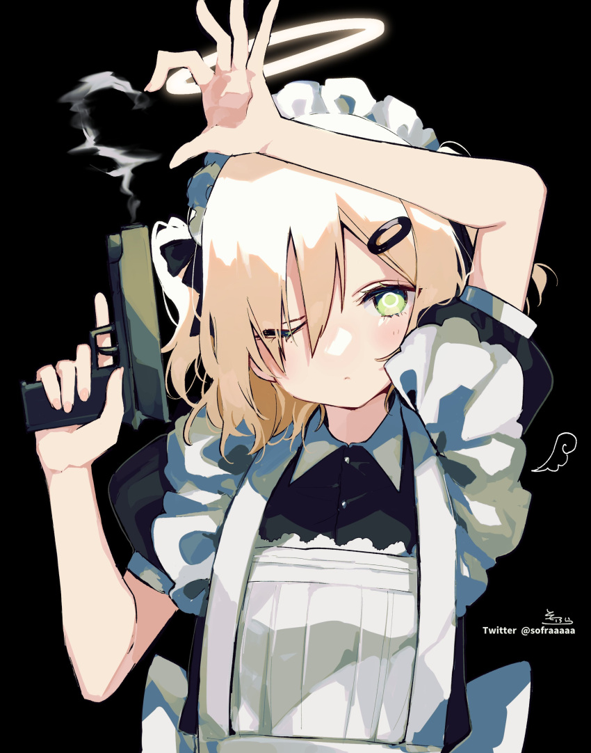 1girl absurdres apron arm_up bangs black_background black_dress blonde_hair closed_mouth collared_dress commentary dress eyebrows_visible_through_hair eyes_visible_through_hair frilled_apron frills green_eyes gun hair_ornament hair_over_one_eye hairclip halo handgun heart heart_hands highres holding holding_gun holding_weapon looking_at_viewer maid maid_apron maid_headdress one_eye_closed original pistol puffy_short_sleeves puffy_sleeves short_sleeves signature simple_background smoke smoking_gun sofra solo symbol-only_commentary trigger_discipline twitter_username upper_body weapon white_apron