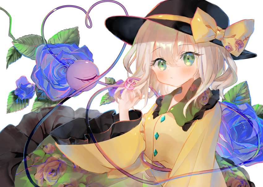 1girl black_headwear blouse blue_flower blue_rose bow collared_blouse eyebrows_visible_through_hair floral_print flower frilled_skirt frilled_sleeves frills green_eyes green_skirt grey_hair hat hat_bow heart highres komeiji_koishi light_frown long_sleeves looking_at_viewer medium_hair medium_skirt omodaka_romu print_skirt rose simple_background skirt solo standing symbol-only_commentary third_eye touhou white_background wide_sleeves yellow_blouse yellow_bow