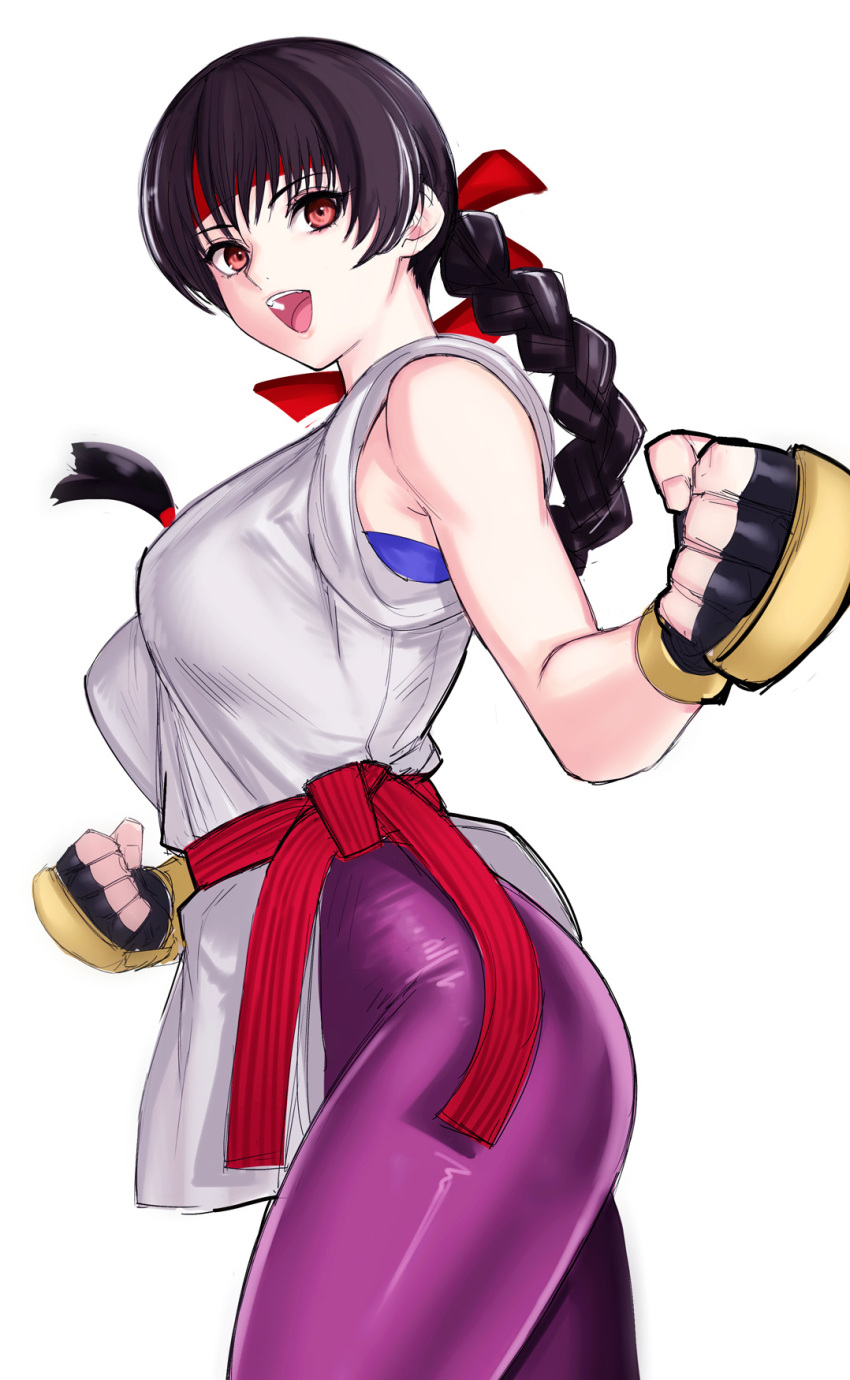 1girl bangs bare_shoulders black_hair braid breasts clenched_hands commentary_request dougi fingerless_gloves gloves headband highres long_hair looking_at_viewer medium_breasts open_mouth red_eyes red_headband ryuuko_no_ken shiny shiny_clothes simple_background single_braid skin_tight sleeveless smile solo spandex tetsu_(kimuchi) the_king_of_fighters the_king_of_fighters_xv tied_hair yuri_sakazaki