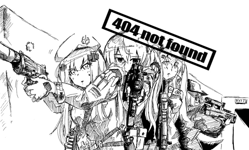 404_(girls'_frontline) 404_logo_(girls'_frontline) 4girls armband assault_rifle bangs beret commentary_request english_text eyebrows_visible_through_hair facial_mark g11_(girls'_frontline) girls_frontline gloves gun h&amp;k_g11 h&amp;k_hk416 h&amp;k_ump45 h&amp;k_ump9 hair_between_eyes hair_ornament hairclip hat hk416_(girls'_frontline) holding holding_gun holding_weapon indoors jacket jamie_leano long_hair looking_ahead looking_at_viewer looking_back military_jacket monochrome multiple_girls one_side_up rifle scar scar_across_eye scar_on_face teardrop twintails ump45_(girls'_frontline) ump9_(girls'_frontline) upper_body weapon