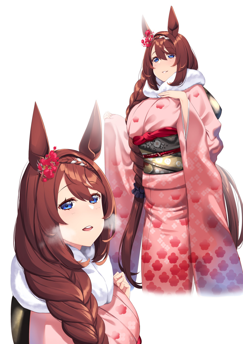 1girl absurdres animal_ears blue_eyes braid braided_ponytail breasts breath brown_hair eyebrows_visible_through_hair floral_print flower fur-trimmed_kimono fur_trim furisode hair_between_eyes hair_flower hair_ornament hand_on_own_chest hiememiko highres horse_ears horse_girl horse_tail japanese_clothes kanzashi kimono large_breasts long_hair looking_at_viewer multicolored_hair multiple_views obi obiage obijime open_mouth parted_lips pink_kimono print_kimono red_flower sash scrunchie simple_background smile streaked_hair super_creek_(umamusume) tail umamusume upper_body very_long_hair white_background white_hair wide_sleeves