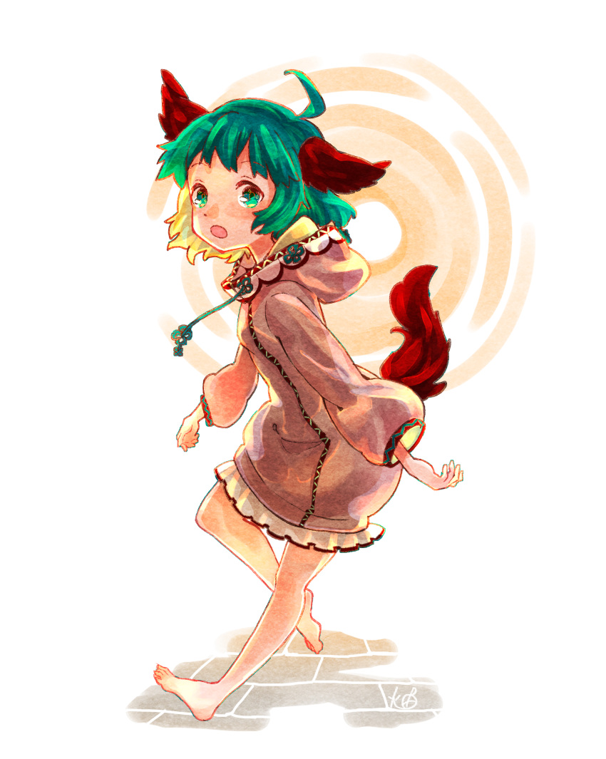 1girl :o absurdres adapted_costume ahoge animal_ears backlighting bangs barefoot brown_tail chinese_knot dot_nose drawstring floating_hair flower_knot frills from_side full_body green_eyes green_hair green_pupils highres hood hood_down hoodie htk_mikan kasodani_kyouko leg_up long_sleeves looking_at_viewer looking_to_the_side open_mouth pavement pink_hoodie puffy_long_sleeves puffy_sleeves running_bond short_hair solo tail tareme touhou white_background