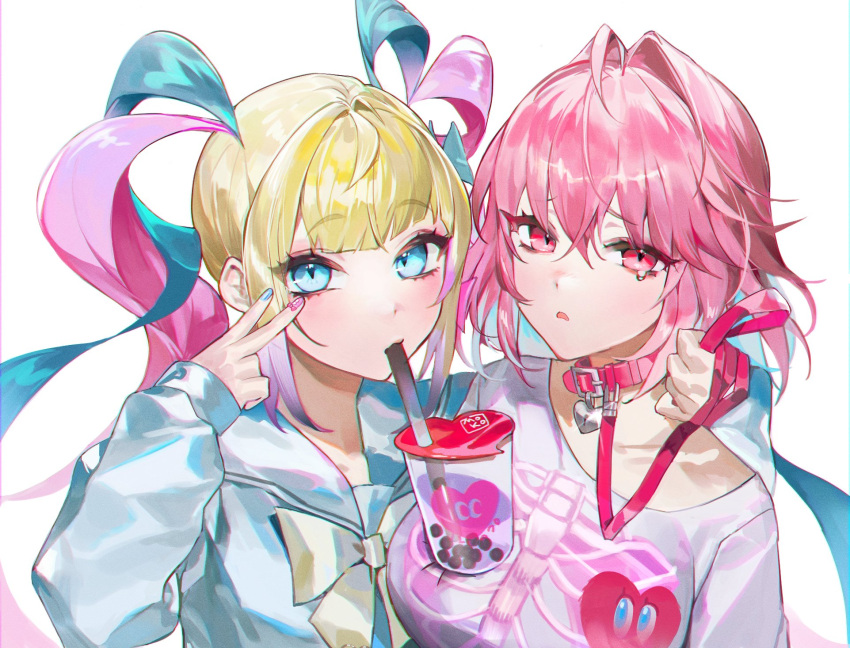 2girls belt_collar blonde_hair blue_eyes blue_hair blue_nails blue_sailor_collar blue_shirt bow bowtie bubble_tea bubble_tea_challenge chouzetsusaikawa_tenshi-chan collar commentary drinking drinking_straw heart-shaped_lock highres holding holding_leash idolmaster idolmaster_cinderella_girls leash long_hair long_sleeves looking_at_viewer moko_(moko/moko) multicolored_nails multiple_girls needy_girl_overdose open_mouth pink_collar pink_eyes pink_hair pink_nails quad_tails sailor_collar school_uniform serafuku shirt short_hair skeleton_print symbol-only_commentary t-shirt tears trait_connection upper_body v very_long_hair white_shirt yellow_bow yellow_bowtie yumemi_riamu