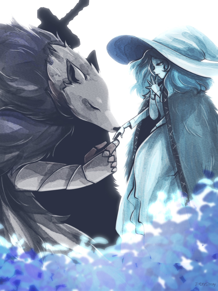 1boy 1girl blaidd_the_half-wolf blue_hair blue_skin cloak closed_eyes closed_mouth colored_skin dazey dress elden_ring extra_arms field flower flower_field from_side fur_cloak hat highres joints kiss kissing_hand long_dress long_hair own_hands_together ranni_the_witch signature simple_background sitting smile steepled_fingers sword weapon weapon_on_back white_background witch_hat