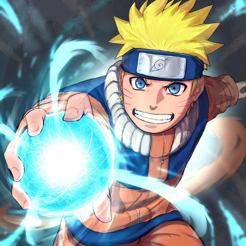 1boy absurdres attack blonde_hair blue_eyes blurry blurry_background commentary_request cowboy_shot energy energy_ball facial_mark fantasy forehead_protector glowing highres holding incoming_attack jumpsuit konohagakure_symbol looking_at_viewer male_focus naruto naruto_(series) ninja orange_jumpsuit outstretched_arms short_hair smile solo spiky_hair take978733141 teeth uzumaki_naruto whisker_markings