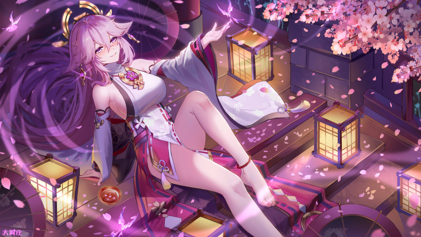1girl absurdres animal_ears anklet arm_support bare_legs barefoot bead_anklet breasts cherry_blossoms crystalfly_(genshin_impact) dahe_zhuang_(yishi_fanhua) detached_sleeves duplicate earrings falling_petals fox_ears genshin_impact hair_between_eyes hair_ornament highres jewelry lantern large_breasts legs long_hair looking_up obi outdoors parted_lips pendant petals pink_hair pink_nails sash shirt sitting sleeveless sleeveless_shirt smile solo stairs thighs violet_eyes vision_(genshin_impact) white_shirt wide_sleeves yae_miko