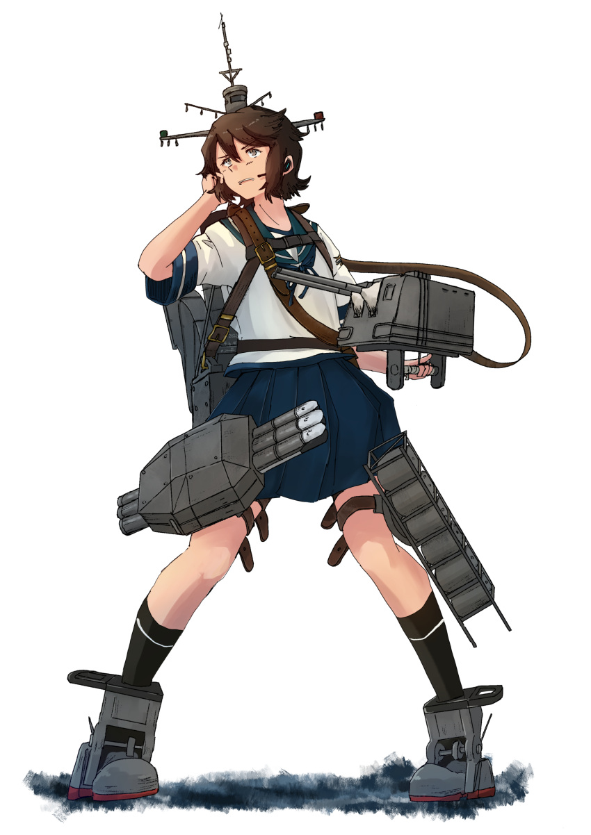 1girl absurdres adapted_turret black_legwear blouse blue_skirt brown_hair cannon depth_charge full_body highres kantai_collection kneehighs kuragare mast miniskirt miyuki_(kancolle) pleated_skirt rigging school_uniform serafuku short_hair short_sleeves skirt smokestack solo standing standing_on_liquid thigh_strap torpedo torpedo_launcher white_blouse