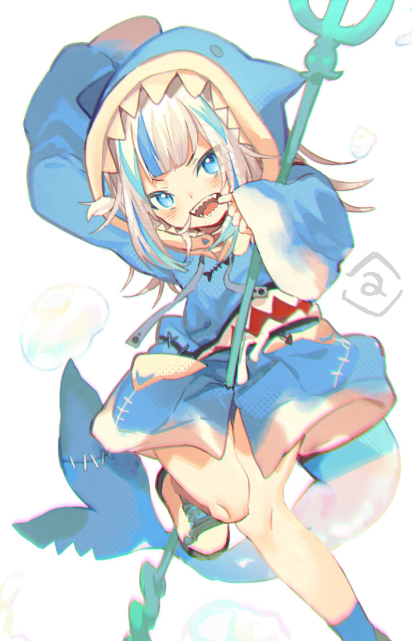 1girl a animal_hood bangs blue_eyes blue_hair blue_hoodie fish_tail gawr_gura grey_hair highres holding_trident hololive hololive_english hood hoodie looking_at_viewer miwasiba multicolored_hair open_mouth shark_girl shark_hood shark_tail sharp_teeth sleeves_past_wrists smile solo streaked_hair tail teeth virtual_youtuber white_background