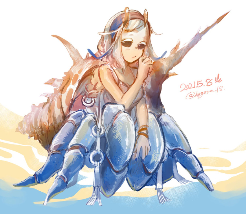 1girl :/ arthropod arthropod_girl arthropod_limbs beach black_eyes blue_nails claws compound_eyes crab crab_claw crab_girl extra_eyes hand_up hermit_crab highres hogara medium_hair monster_girl multiple_legs no_pupils original pincers sand shell signature spiked_shell water white_hair