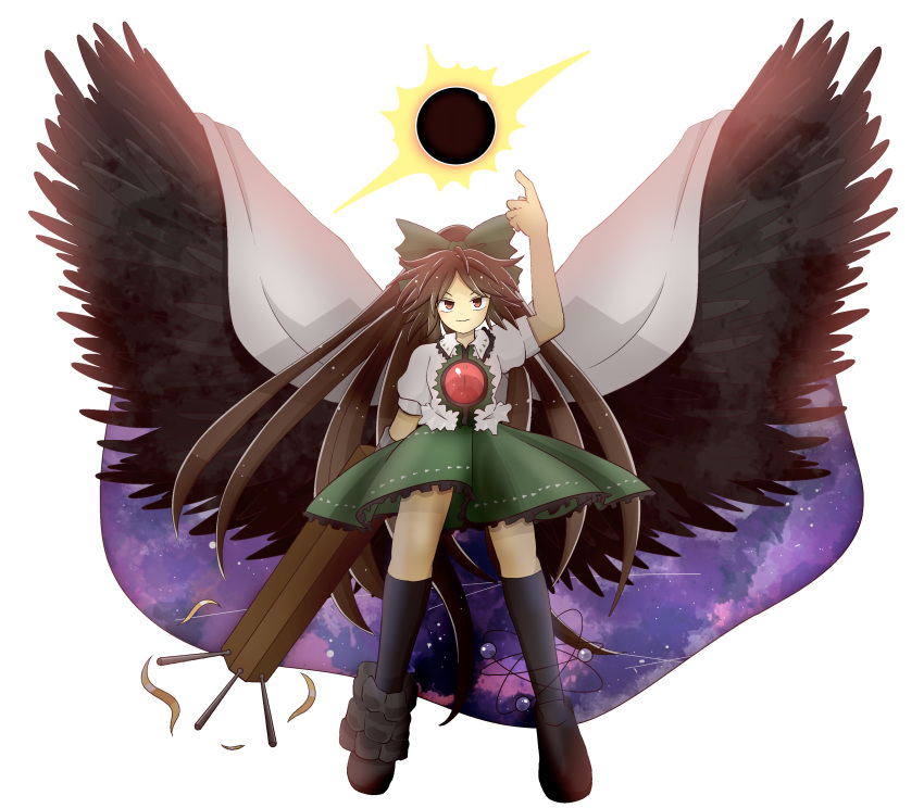 1girl 5515hr absurdres arm_cannon asymmetrical_footwear atom bangs bird_wings black_legwear black_sun black_wings bow brown_eyes brown_hair cape closed_mouth collared_shirt commentary_request control_rod frilled_shirt_collar frilled_skirt frills full_body green_bow green_skirt hair_bow highres kneehighs long_hair looking_at_viewer mismatched_footwear pointing pointing_up ponytail reiuji_utsuho shirt shoes short_sleeves simple_background single_shoe skirt smile solo starry_sky_print sun third_eye touhou very_long_hair weapon white_background white_cape white_shirt wings