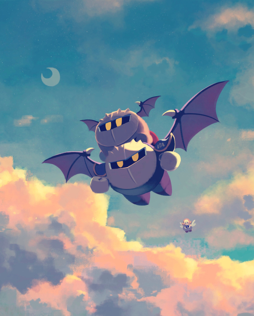 bat_wings blue_sky bronto_burt clouds flying gloves highres kirby kirby_(series) looking_up mask meta_knight moon on_person sky star_(sky) starry_sky suyasuyabi waddle_dee wings yellow_eyes