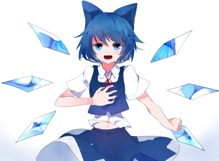 1girl blue_bow blue_dress blue_eyes blue_hair blue_skirt bow cirno dress fairy_wings hair_bow ice ice_wings ikurauni looking_at_viewer navel open_mouth puffy_short_sleeves puffy_sleeves ribbon shirt short_hair short_sleeves simple_background skirt solo touhou white_background white_shirt wings