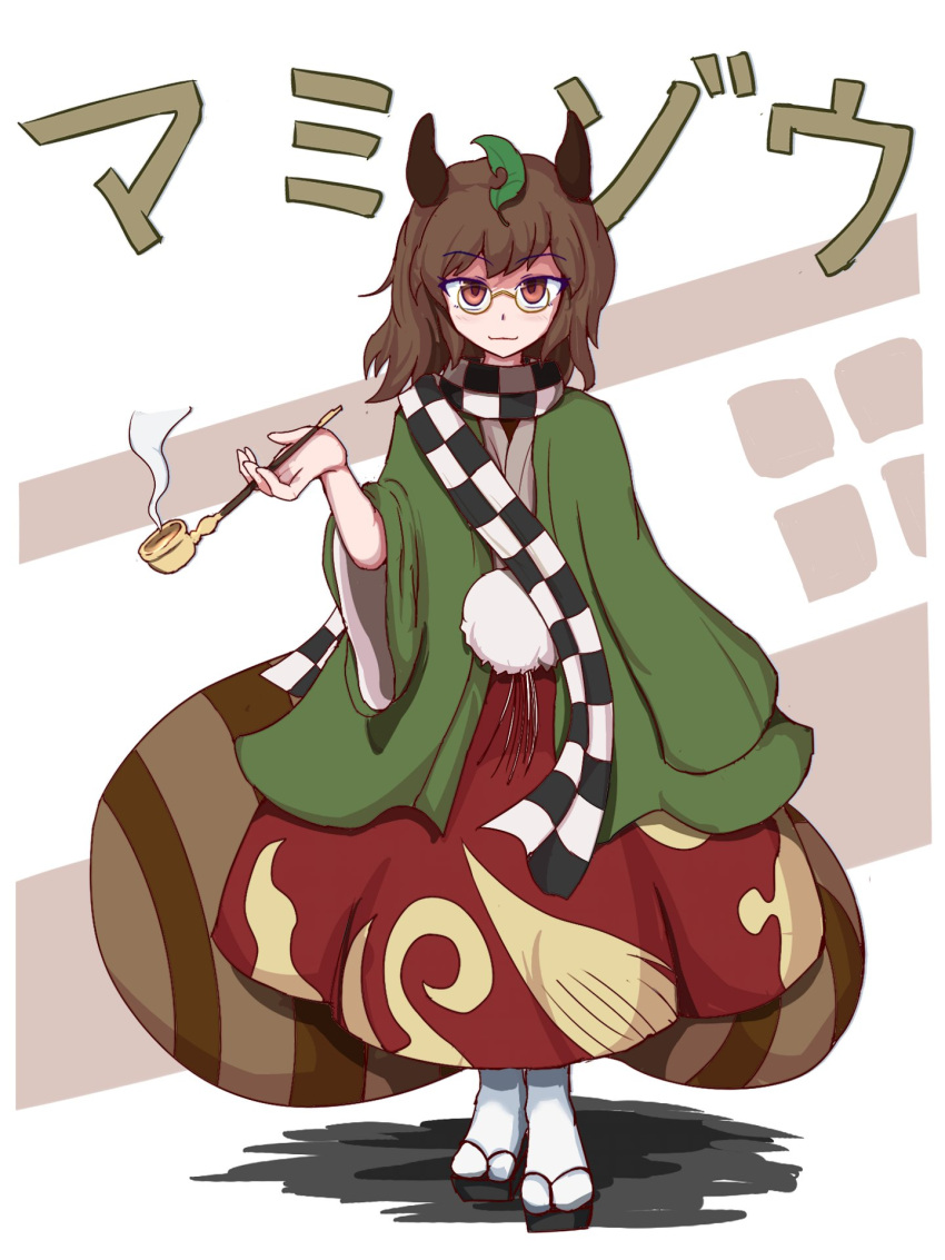 1girl :3 animal_ears bangs brown_eyes brown_hair brown_skirt character_name checkered_clothes checkered_scarf closed_mouth flip-flops full_body futatsuiwa_mamizou glasses green_kimono highres holding holding_pipe japanese_clothes kimono kiseru leaf leaf_on_head long_sleeves looking_at_viewer nikori pipe raccoon_ears raccoon_girl raccoon_tail sandals scarf short_hair skirt smoke smoking solo standing tail touhou white_legwear