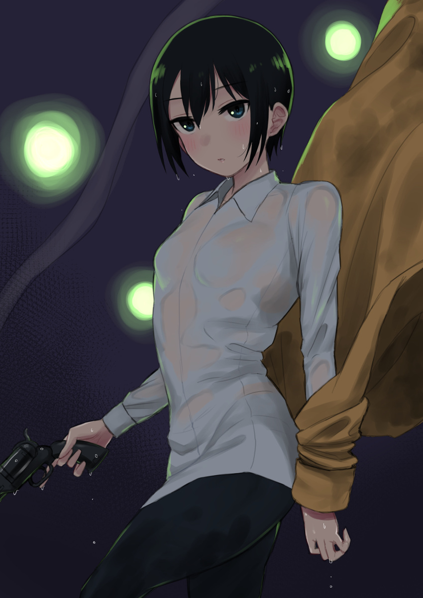 1girl absurdres androgynous bangs black_background blue_eyes blush breasts brown_coat coat commentary cowboy_shot dress_shirt dripping expressionless floating_clothes green_hair gun hair_between_eyes highres holding holding_gun holding_weapon kino_(kino_no_tabi) kino_no_tabi looking_at_viewer nishikino_kee revolver shirt short_hair small_breasts solo tomboy trench_coat weapon wet wet_clothes wet_hair wet_pants wet_shirt white_shirt