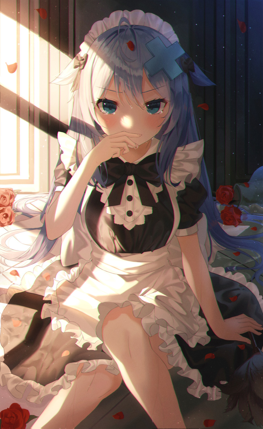 1girl absurdres ahoge alternate_costume apron arm_support bangs black_bow black_dress blue_eyes bow covering_mouth dress enmaided flower frilled_apron frills gosegu hair_between_eyes hair_flaps highres k.j. long_hair looking_at_viewer maid maid_apron maid_headdress puffy_short_sleeves puffy_sleeves red_flower red_rose rose short_sleeves sitting solo tearing_up very_long_hair virtual_youtuber waktaverse white_apron white_hair