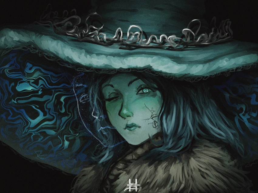 1girl blue_hair cloak closed_mouth colored_skin cracked_skin elden_ring extra_faces fur_cloak green_eyes green_skin hat highres hushpuppyart looking_at_viewer one_eye_closed portrait ranni_the_witch signature solo witch_hat