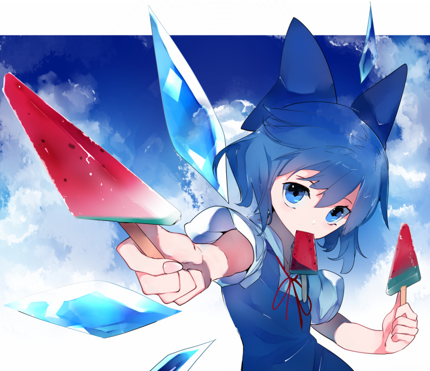 1girl blue_bow blue_dress blue_eyes blue_hair blue_sky bow cirno dress food fruit hair_bow highres ice ice_wings ikurauni looking_at_viewer popsicle puffy_short_sleeves puffy_sleeves red_ribbon ribbon shirt short_hair short_sleeves sky solo touhou watermelon watermelon_bar white_shirt wings