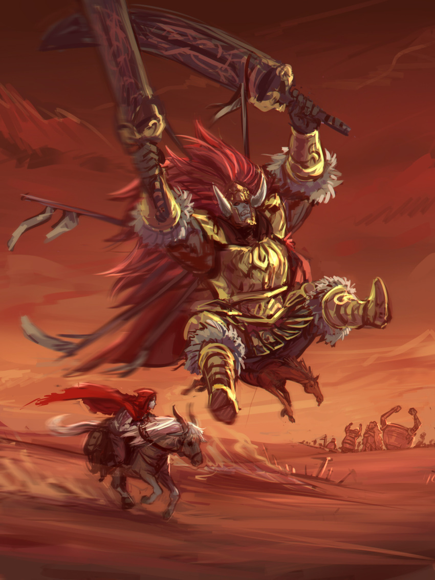 1boy 1other blaidd_the_half-wolf cape desert dual_wielding elden_ring from_side giant giant_male hands_up highres holding holding_sword holding_weapon horse horseback_riding iron_fist_alexander jumping long_hair moni95424940 parody racing red_cape red_sky red_theme redhead riding size_difference sky starscourge_radahn sword tarnished_(elden_ring) torrent_(elden_ring) very_long_hair weapon