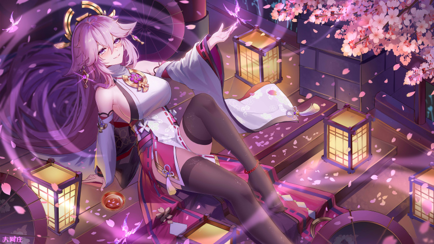 1girl absurdres animal_ears anklet arm_support barefoot bead_anklet black_legwear breasts cherry_blossoms crystalfly_(genshin_impact) dahe_zhuang_(yishi_fanhua) detached_sleeves duplicate earrings falling_petals fox_ears genshin_impact hair_between_eyes hair_ornament highres jewelry lantern large_breasts legs long_hair looking_up obi outdoors parted_lips pendant petals pink_hair sash shirt sitting sleeveless sleeveless_shirt smile solo stairs thigh-highs thighs violet_eyes vision_(genshin_impact) white_shirt wide_sleeves yae_miko