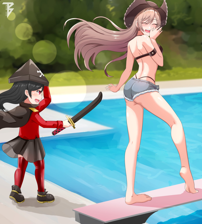 2girls anchor_earrings arm_strap azur_lane bikini brown_bikini brown_hair cape child closed_eyes commander_cool commission cutoff_jeans cutoffs diving_board earrings hat highleg highleg_bikini highres jean_bart_(azur_lane) jean_bart_(private_apres_midi)_(azur_lane) jewelry micro_shorts mother_and_daughter multiple_girls open_mouth pirate_hat playing pool red_eyes red_legwear red_shirt ring shirt shorts smile swimsuit toy_sword wedding_band