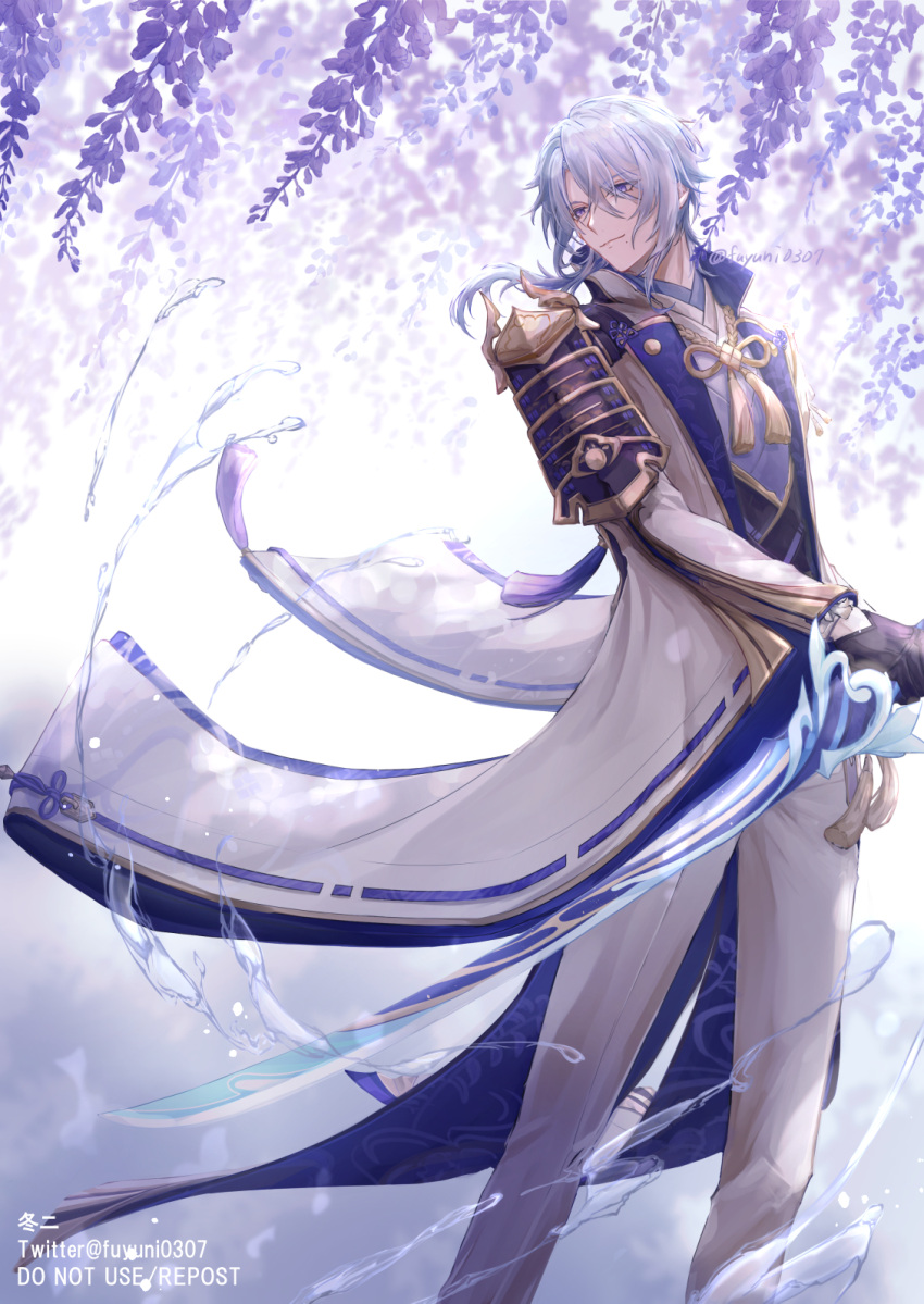 1boy armor artist_name bangs black_gloves blue_eyes blue_hair blurry blurry_background clothing_request commentary_request depth_of_field eyebrows_visible_through_hair flower flower_request fuyuni0307 genshin_impact gloves hair_between_eyes highres holding holding_sword holding_weapon japanese_armor japanese_clothes kamisato_ayato kote long_hair mole mole_under_mouth pants short_hair_with_long_locks sidelocks solo standing sword tailcoat tassel twitter_username water weapon white_pants