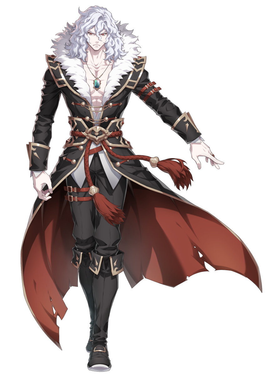1boy absurdres arms_at_sides artist_request black_pants boots character_request closed_mouth coattails fur_trim gem guardian_tales highres jewelry knee_boots looking_at_viewer male_focus medium_hair necklace official_art pants red_eyes ring simple_background solo standing transparent_background white_hair