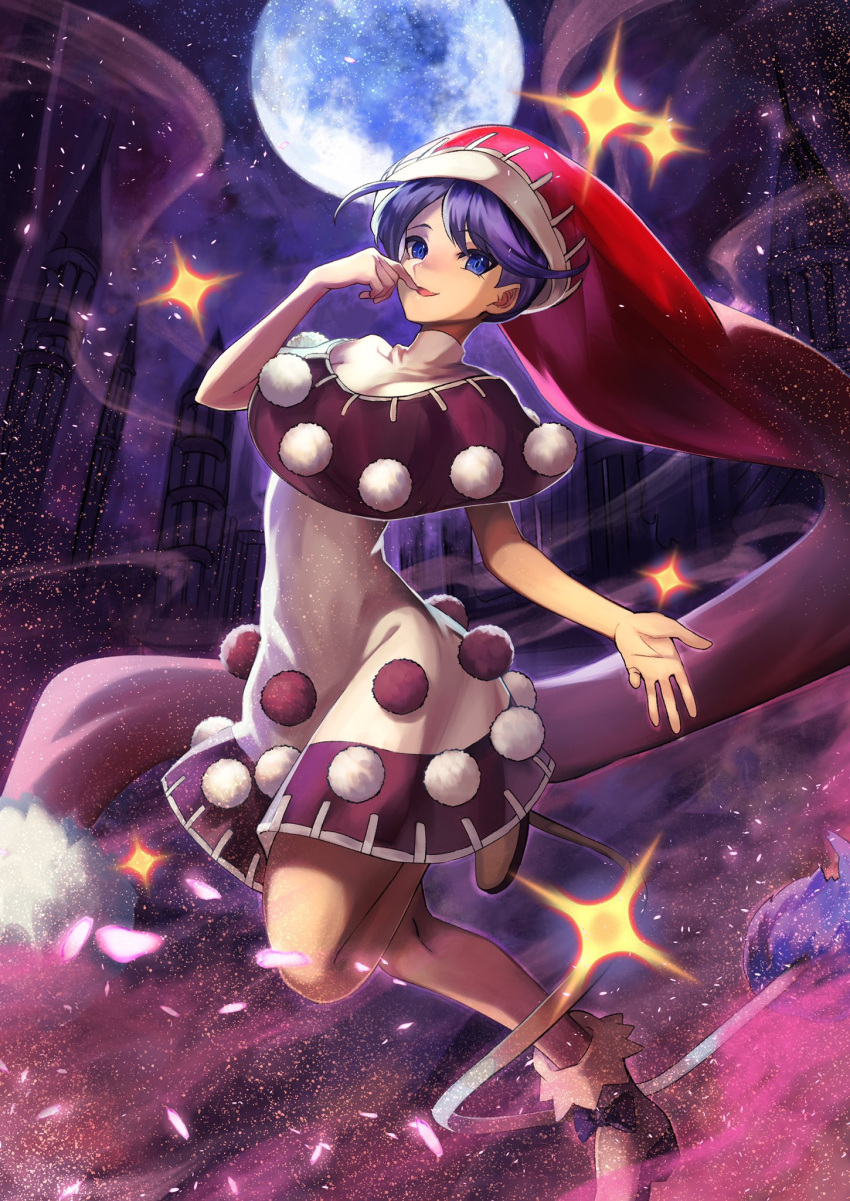 1girl aura bangs black_capelet black_dress blob blue_eyes blue_hair blush bobby_socks breasts bright_pupils capelet commentary covered_navel doremy_sweet dream_soul dress eyebrows_behind_hair finger_to_mouth full_body hand_up hat highres looking_at_viewer medium_breasts moon multicolored_clothes multicolored_dress nightcap pom_pom_(clothes) red_headwear short_hair sleeveless sleeveless_dress socks solo sparkle starry_sky_print tail tapir_tail teo_(telo_ruka) touhou turtleneck_dress two-sided_fabric white_dress