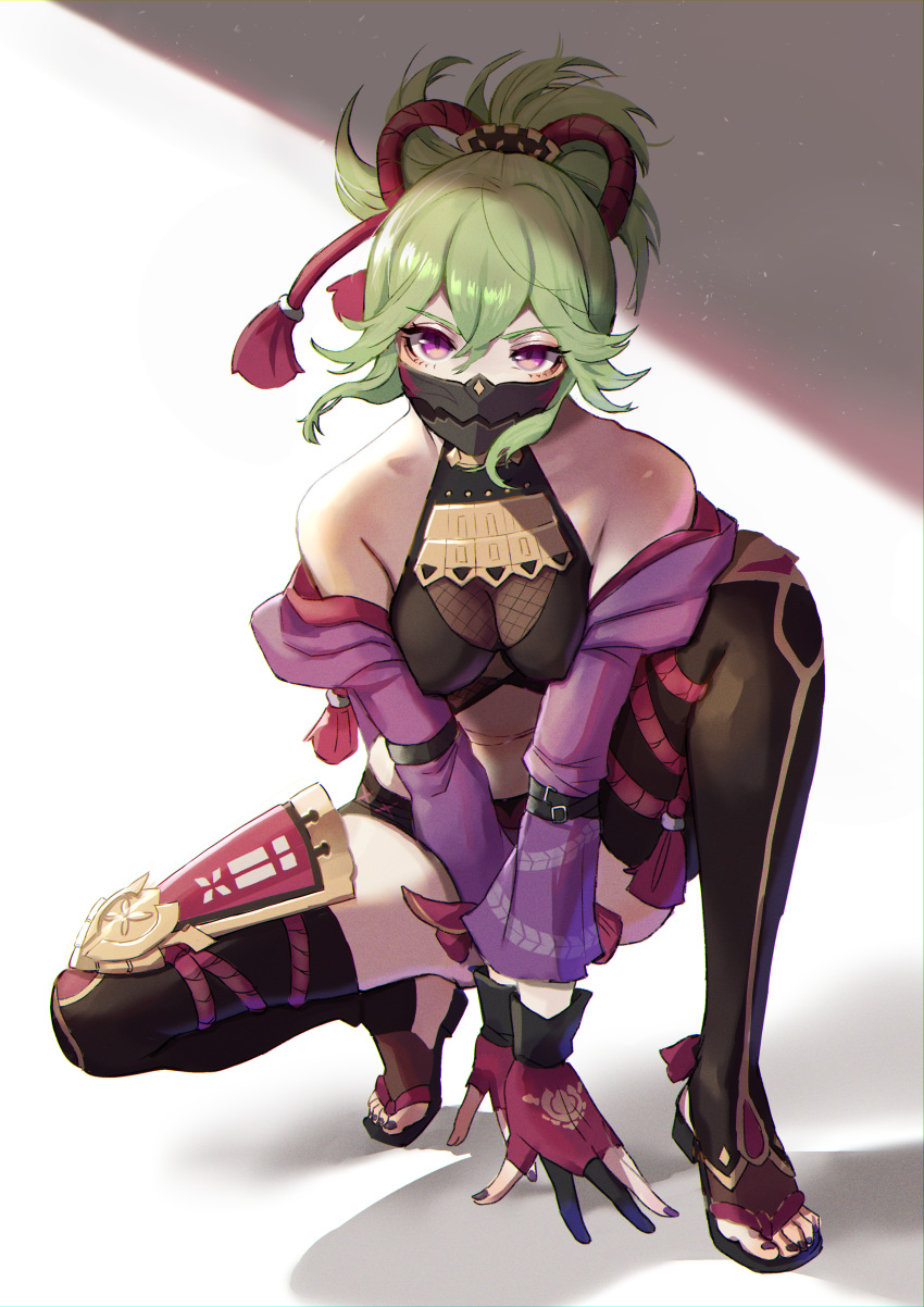 1girl absurdres arm_belt arm_support armor bangs bare_shoulders belt black_gloves black_legwear black_mask breasts covered_mouth crop_top detached_pants fingerless_gloves fishnets full_body genshin_impact gloves gorget green_hair hair_between_eyes hair_ornament hands_on_floor highres jacket japanese_armor knee_up kuki_shinobu layered_gloves light_particles long_sleeves looking_at_viewer mask midriff mouth_mask navel ninja_mask off_shoulder partially_fingerless_gloves ponytail purple_jacket purple_nails red_gloves shade shorts sidelocks solo squatting sukoyaka93 tassel v_arms violet_eyes white_background zouri