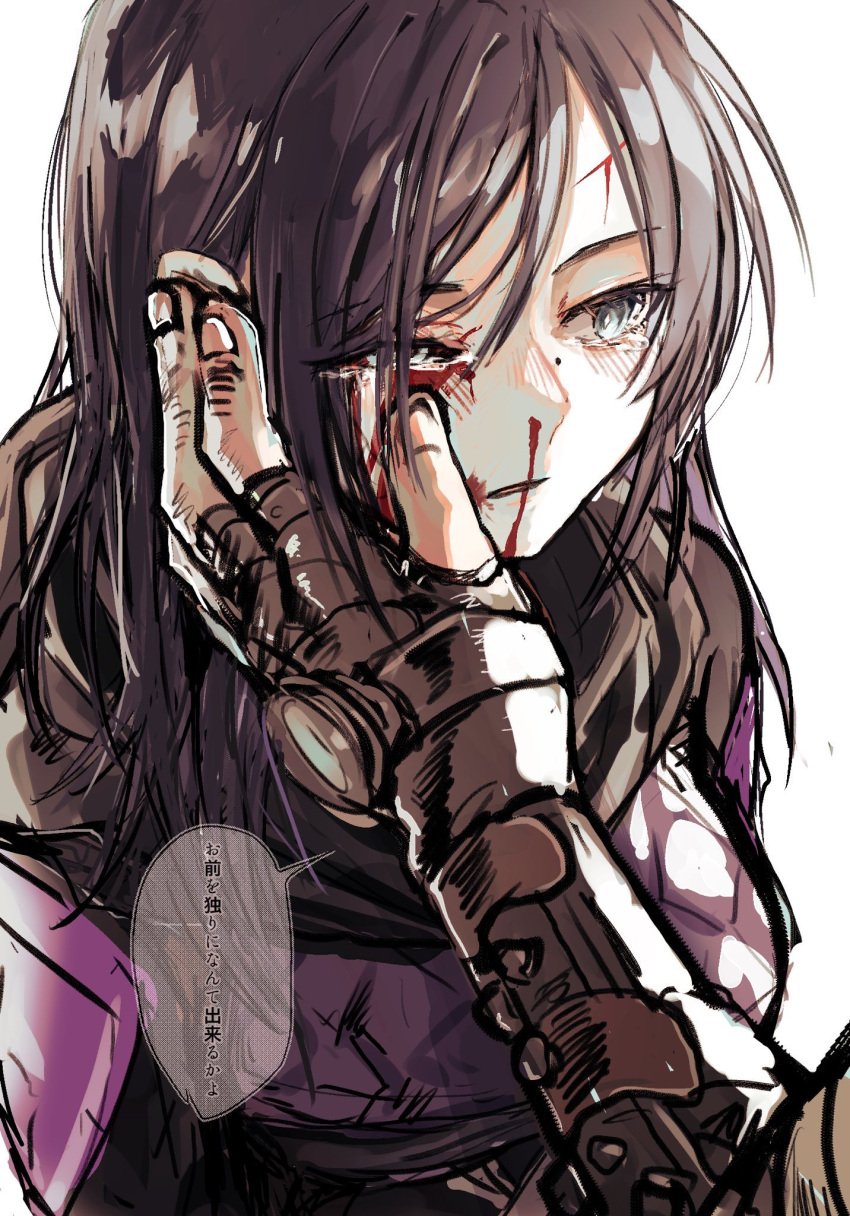 1boy 1girl alisame apex_legends bangs black_bodysuit black_scarf blood blood_on_face bodysuit brown_gloves fingerless_gloves gloves grey_eyes hand_on_another's_face highres long_hair mirage_(apex_legends) nose_piercing nosebleed one_eye_closed parted_lips piercing portrait scarf sketch solo_focus speech_bubble translation_request white_background