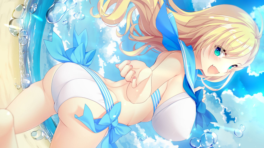 1girl :d aqua_eyes artist_request ass back bangs beach bikini blonde_hair blue_sailor_collar blue_sky breasts clouds covered_nipples day fang fisheye hajilove_(making_lovers) highres horizon huge_breasts looking_at_viewer looking_back nail_polish official_art open_mouth outdoors sailor_collar second-party_source sideboob sky smile solo swimsuit trefoil twisted_torso water_drop white_bikini