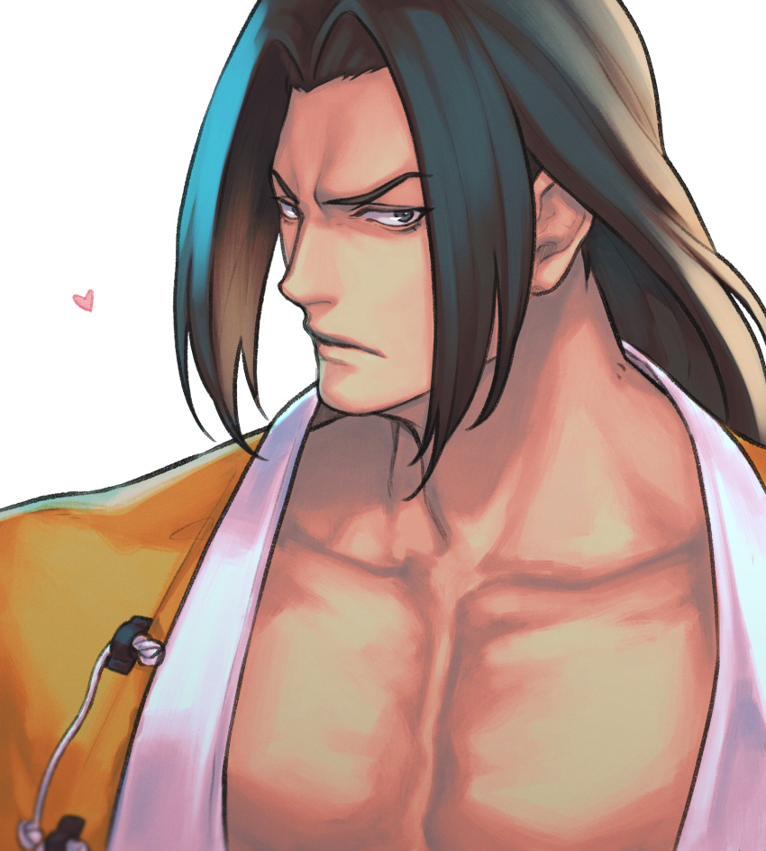 1boy black_hair chinese_clothes closed_mouth collarbone commentary english_commentary fatal_fury garou:_mark_of_the_wolves gato_(snk) grey_eyes heart highres ktovhinao long_hair looking_at_viewer male_focus pectoral_cleavage pectorals serious simple_background solo the_king_of_fighters the_king_of_fighters_xv upper_body white_background