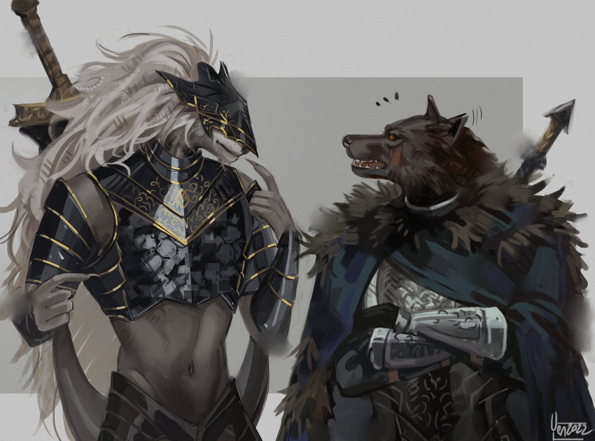 2boys absurdres armor blaidd_the_half-wolf blue_cape breastplate cape crossed_arms elden_ring furry furry_male gauntlets height_difference helmet highres male_focus maliketh_the_black_blade midriff multiple_boys navel notice_lines open_mouth pointing pointing_at_self signature visor_(armor) weapon weapon_on_back wide-eyed yen_(yenyenyen19)