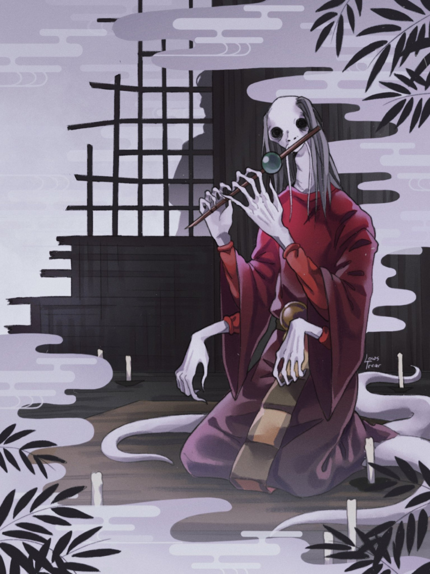 1other candle colored_skin extra_arms facing_viewer flute fog grey_skin highres holding holding_instrument hollow_eyes instrument kneeling long_fingers lowstrear mist_noble_(sekiro) music no_humans playing_instrument robe sekiro sekiro:_shadows_die_twice signature silhouette tentacles white_skin