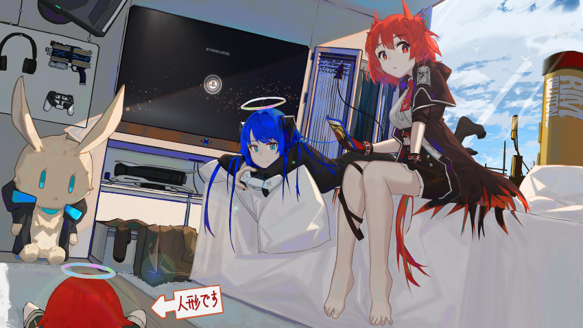 2girls absurdres airnery arknights arrow_(symbol) bangs barefoot between_legs black_gloves black_jacket black_legwear black_skirt blue_eyes blue_hair blue_sky breasts clouds cloudy_sky commentary_request controller day demon_girl demon_horns demon_tail diendriver eyebrows_visible_through_hair fiammetta_(arknights) flat_screen_tv game_console game_controller gloves gun hair_between_eyes halo hand_between_legs headphones highres holding holding_controller horns indoors jacket kamen_rider kamen_rider_dcd long_hair looking_at_viewer lying medium_breasts mostima_(arknights) multiple_girls no_shoes on_stomach open_clothes open_jacket parted_lips playstation red_eyes redhead shirt sitting skirt sky stuffed_animal stuffed_bunny stuffed_toy tail television thigh-highs weapon white_shirt window
