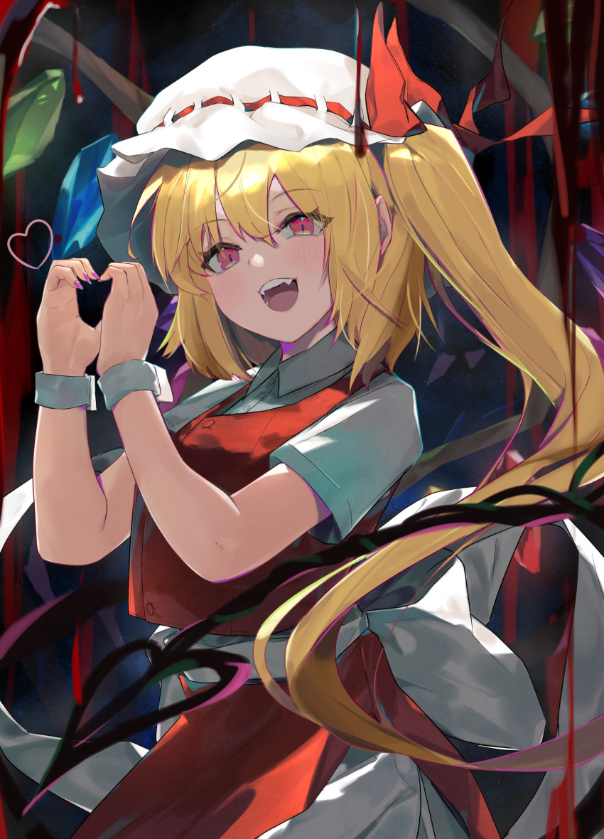 1girl :d absurdres blonde_hair blood bow collared_shirt commentary cowboy_shot crystal eyebrows_visible_through_hair fangs fingernails flandre_scarlet hair_between_eyes hands_up hat hat_ribbon heart heart_hands highres kurowa_(curowa) laevatein_(touhou) long_hair looking_at_viewer mob_cap nail_polish open_mouth pink_nails red_eyes red_ribbon red_skirt red_vest ribbon shirt short_sleeves side_ponytail skirt skirt_set smile solo teeth tongue touhou very_long_hair vest waist_bow white_bow white_headwear white_shirt wings wrist_cuffs