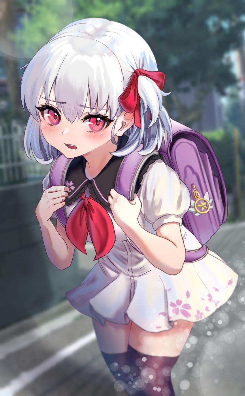 1girl absurdres backpack bag bangs black_legwear blush breasts dress fate/grand_order fate_(series) hair_ribbon highres kama_(fate) looking_at_viewer neckerchief nepodayo one_side_up open_mouth puffy_short_sleeves puffy_sleeves red_eyes ribbon short_hair short_sleeves silver_hair small_breasts solo thigh-highs thighs white_dress