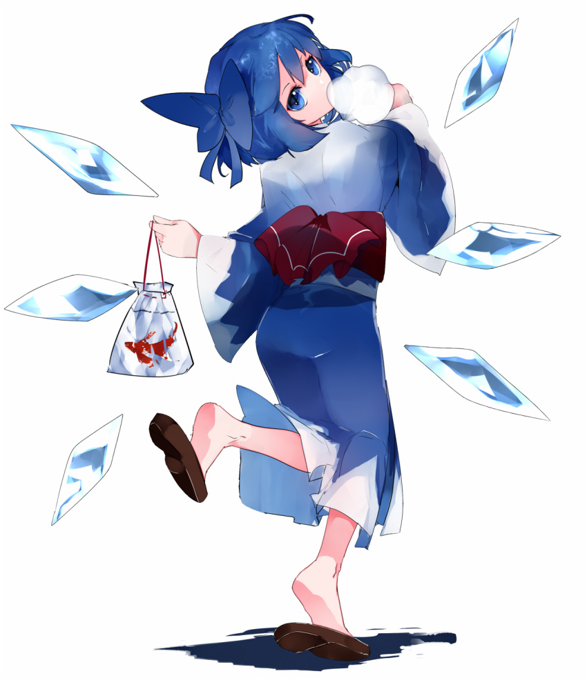 1girl blue_bow blue_dress blue_eyes blue_hair bow cirno dress full_body hair_bow highres holding ice ice_wings ikurauni japanese_clothes kimono long_sleeves ribbon short_hair simple_background solo touhou white_background wide_sleeves wings yukata