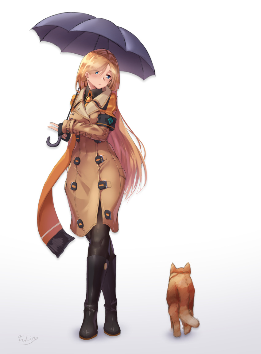 1girl absurdres animal_ears arm_scarf black_gloves blonde_hair blue_eyes blush boots cat cat_ears cat_tail closed_mouth crossed_legs filin fingerless_gloves gloves guilty_gear guilty_gear_strive hair_over_one_eye highres holding long_hair looking_down millia_rage no_hat no_headwear orange_scarf pantyhose scarf signature simple_background solo tail umbrella white_background
