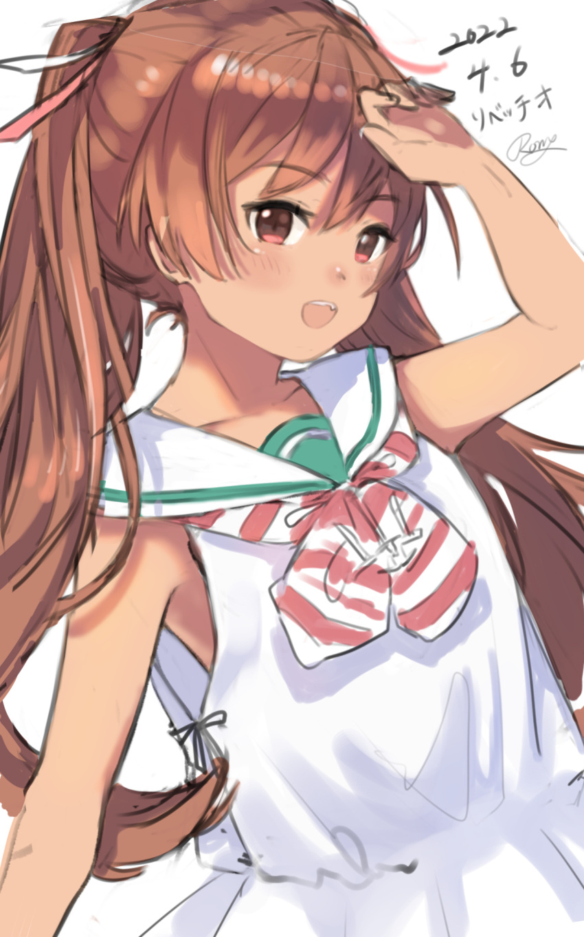1girl bangs blush brown_hair dated dress eyebrows_visible_through_hair highres kantai_collection libeccio_(kancolle) long_hair neckerchief one-hour_drawing_challenge open_mouth red_eyes rom_(rommmoon) sailor_collar sailor_dress signature simple_background sleeveless sleeveless_dress solo striped striped_neckerchief twintails very_long_hair white_background white_dress white_sailor_collar