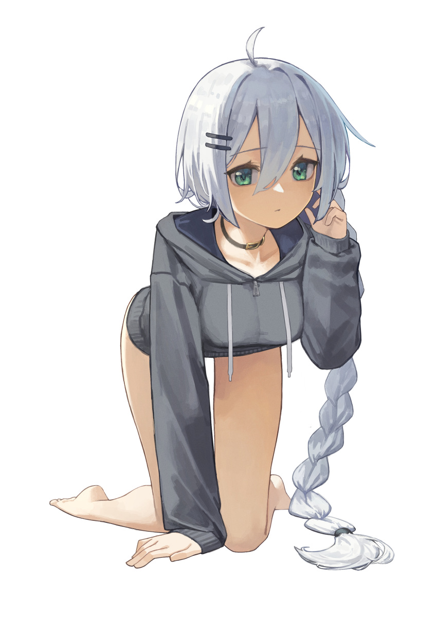 1girl absurdres ahoge all_fours bangs bare_legs barefoot belt_collar black_hoodie braid braided_ponytail breasts choker closed_mouth collar collarbone commission eyebrows_visible_through_hair green_eyes hair_between_eyes highres hood hoodie large_breasts light_frown long_bangs long_hair long_sleeves looking_at_viewer medium_breasts naked_hoodie original simple_background solo very_long_hair white_background white_hair yoon_cook